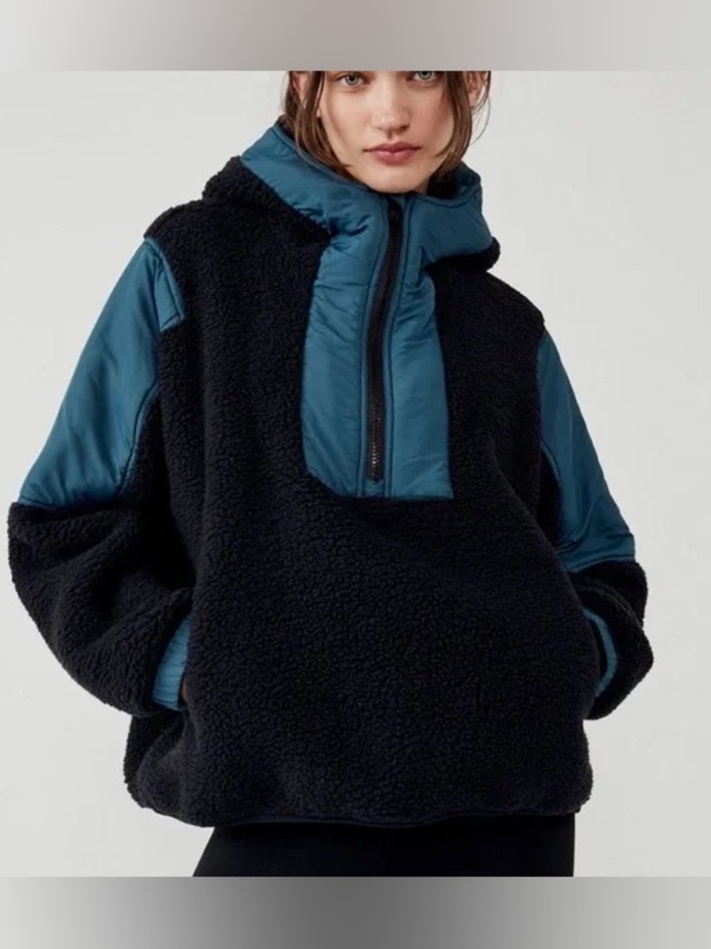 FP Movement by Free People Chunky Black Teal Sherpa Pullover Anorak XL Hooded